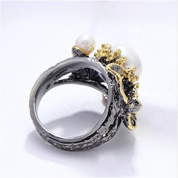 NEW Italian Jewelry Gold Flower Pearl Ring - Picture 9 of 14